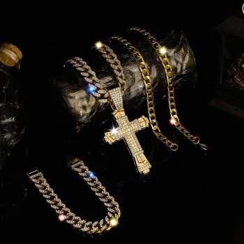Cross Pendant Double Layer Chain One Bracelet Necklace Jewelry Silver Gold Necklace Set for Men