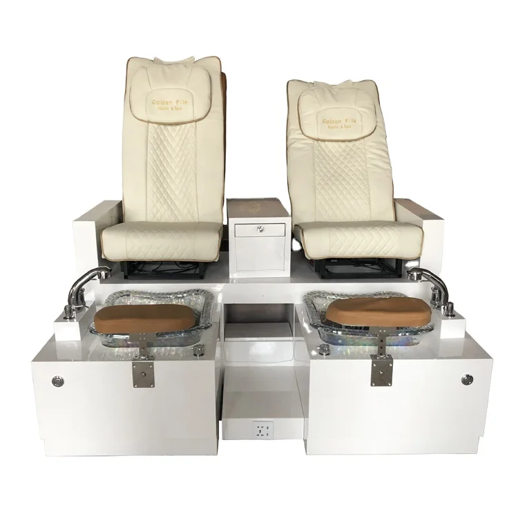 Bomacy White Leather Luxury Nail Salon Furniture Double Pedicure Station/Bench/Chair With Foot SPA