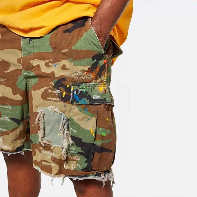 High Street Fashion Elastic Waist Jean Shorts Men Manufacturer Custom Logo Distressed Camouflage Shorts Denim Camo Shorts gallery 3