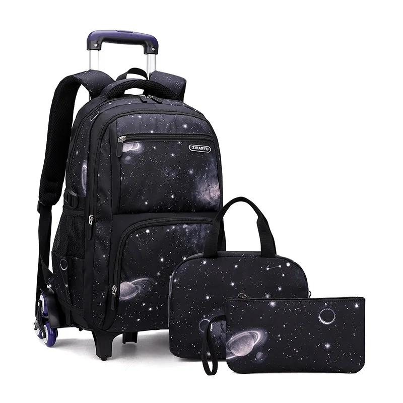 Large Capacity Middle School Three-Piece Set Pull-Pole Stair Climbing Wheels Practical School Bag for Students