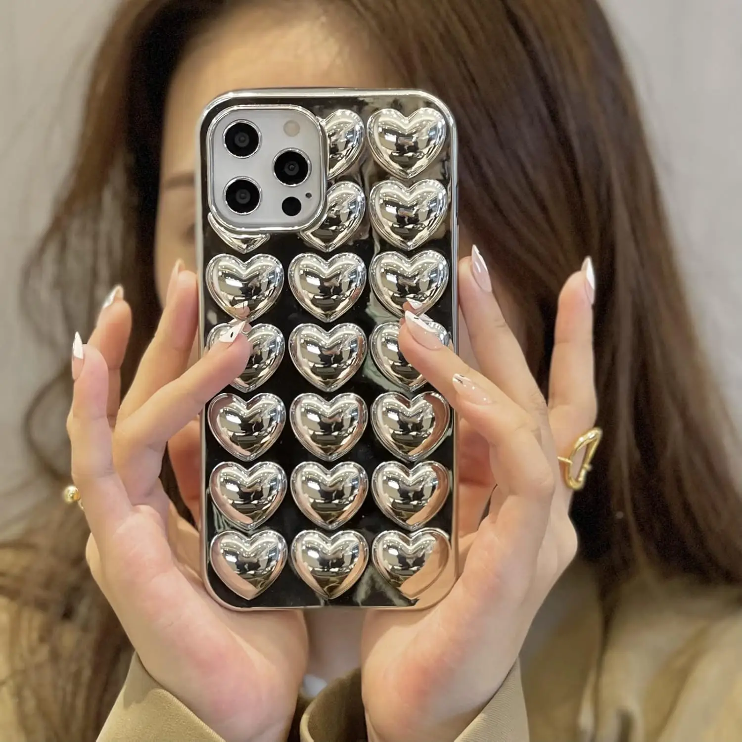 Чехол для телефона Love Heart Plating Silver, совместимый с iPhone 16 Pro Max, электроплакированный, роскошный, тонкий, мягкий, с блестящей задней крышкой  