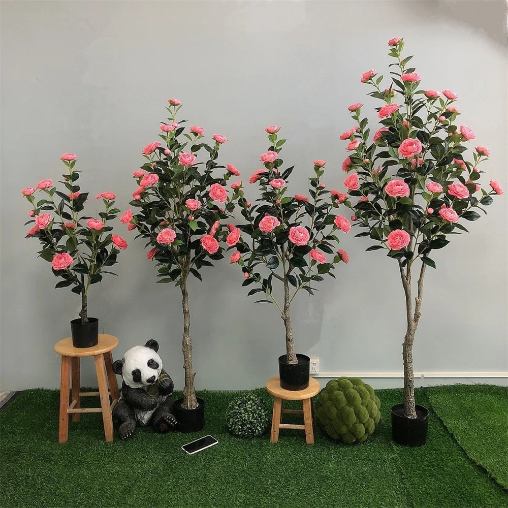 Wholesale Home Decorative Artificial Camellia Flower Indoor Potted Rose Flower Tree