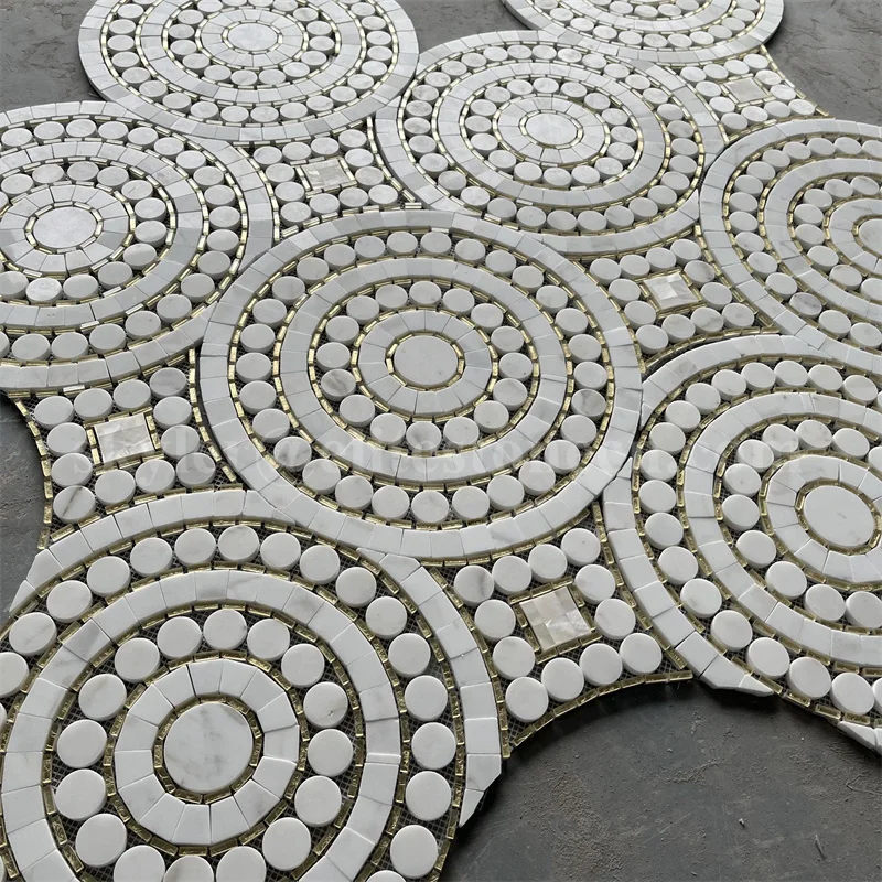 Waterjet Stone Mosaic Calacatta Gold Marble and Glass Penny Round Tiles ...