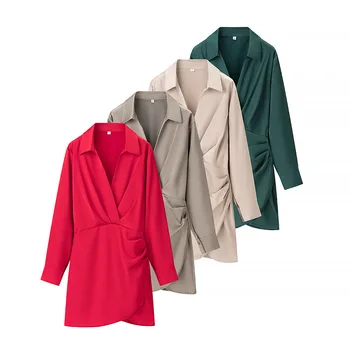 Spring Hot Sale of the Season Elegant Pure Color Long Sleeve Pleated Side Dress Women's Fashionable Turn-down Collar Gown