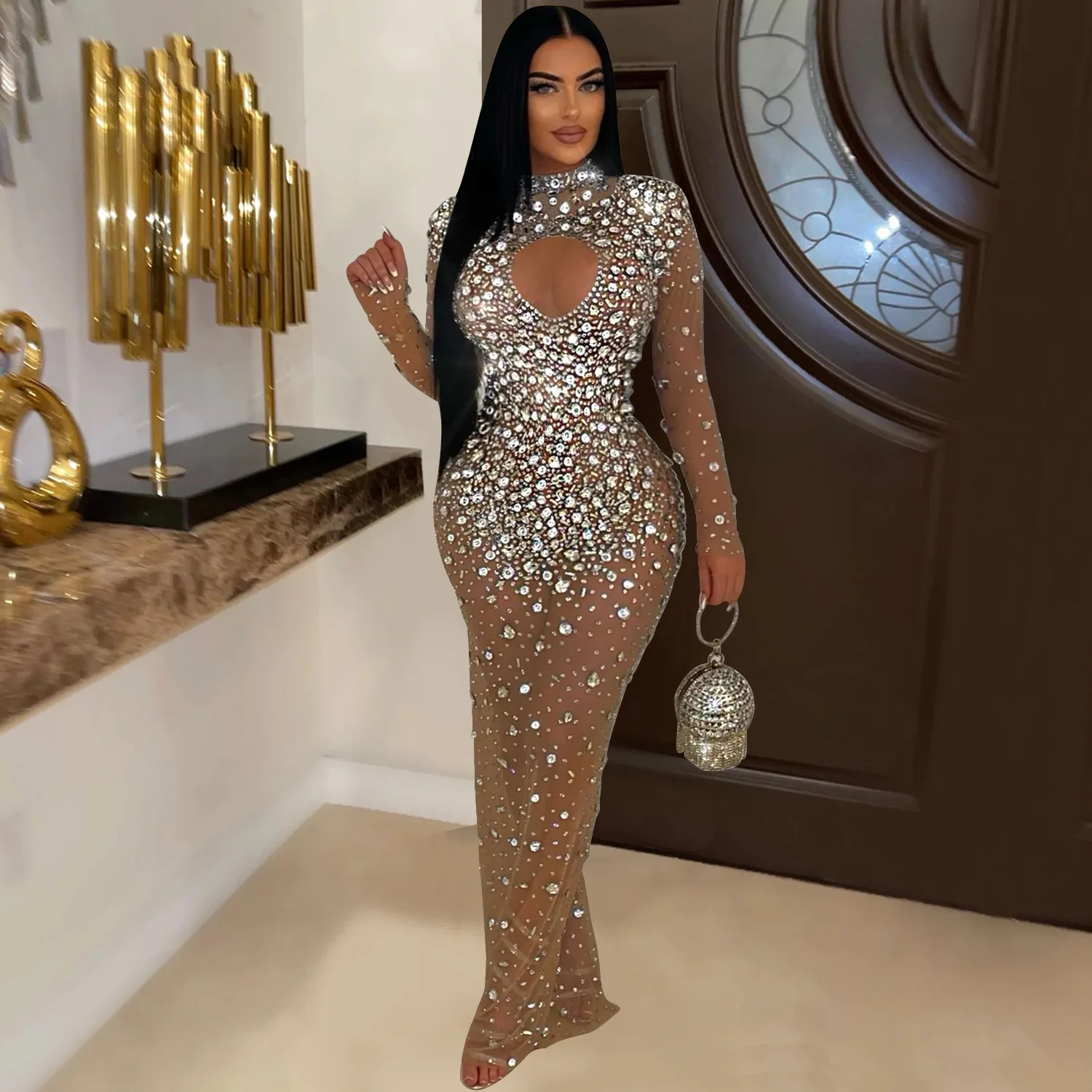 C6993 Latest Design Party Dresses Women Round Neck Beaded Rhinestone Long  Maxi Dresses Women Bodycon Evening Dresses