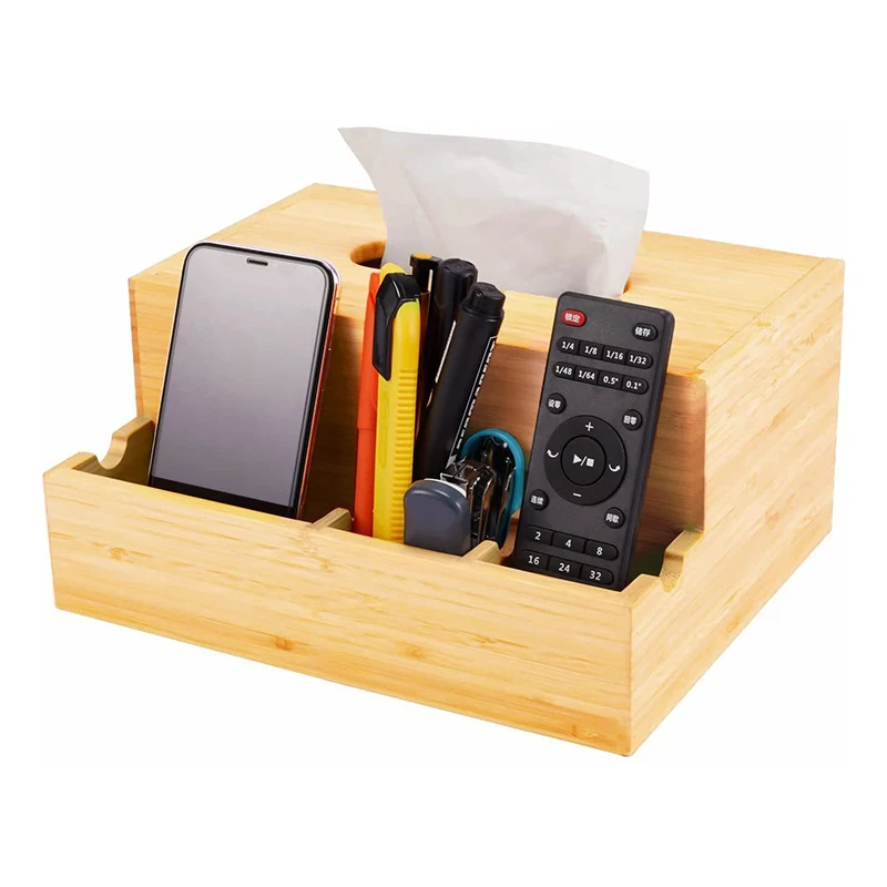 Multifunctional Bamboo Dryer Sheet Dispenser Tissue Box Cover Desk Organizer for Home Tabletop Bathroom Office Side Organizer