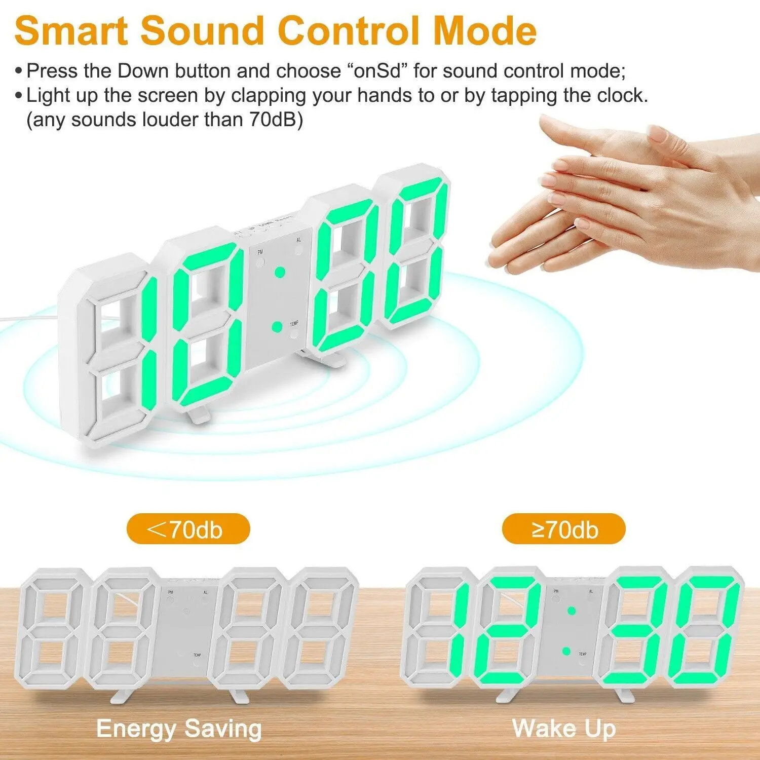 3D LED Digital Display Wall Clock Sound Control Table Desk Snooze Alarm Clock