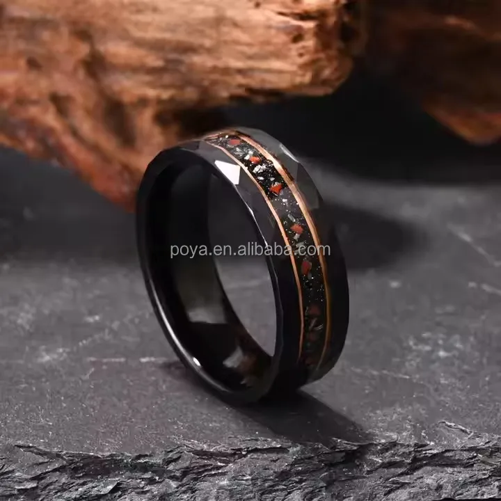 Anello Uomo Terra In Acciaio - Design Roccia Granito Martellato, Nero Opaco, Taglia US 10