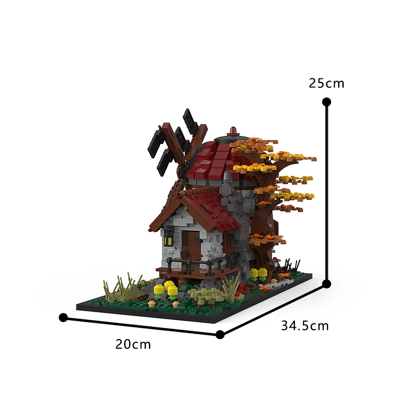 Moc medieval flor árvore moinho de vento casa blocos de construção