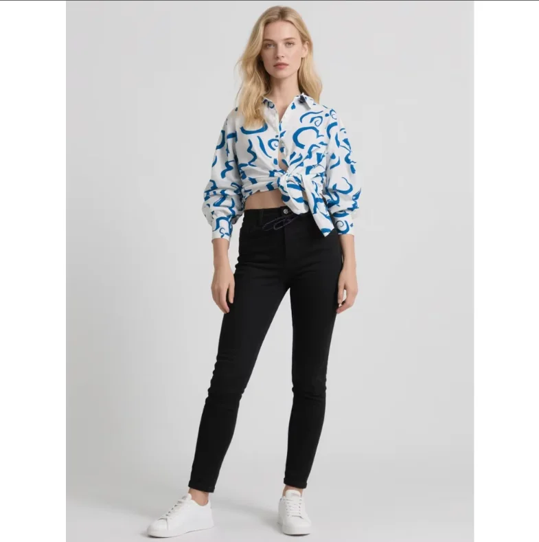 OEM/ODM Wholesale Custom Floral Print Lantern Long Sleeve Shirt for Women Casual Abstract Printed Top Ruffled Collar Loose Fit