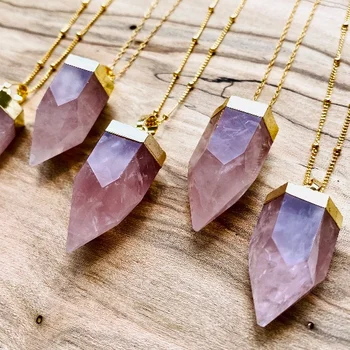 LS-A2604 natural raw rose quartz crystal necklace,chain stone birthstone point pendant necklace