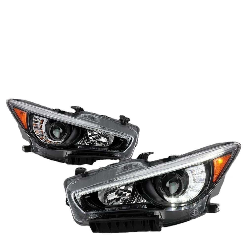 For 2014-2022 Infiniti Q50 w/o AFS Black Housing LED DRL Projector Headlights Headlamps Driver & Passenger Side