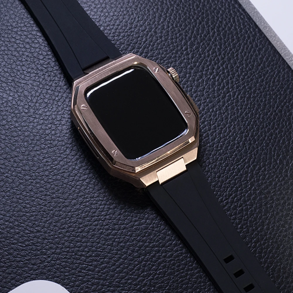 Modification Kit Metal case Watch Strap for Apple Watch Band 44mm Series7 6 45mm Stainless Steel Protective Rubber Watch Straps