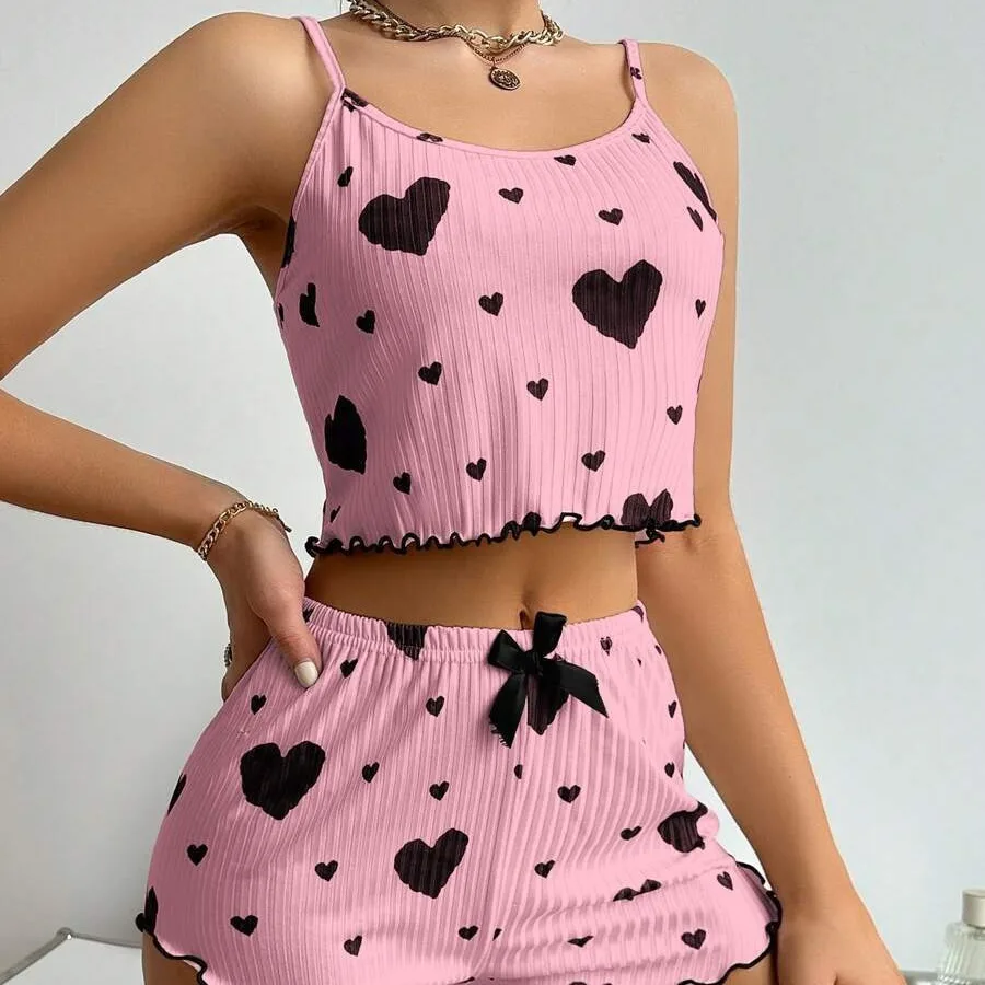 2024 European and American Women's Knitted Pit Stripe Print Sweet Camisole Shorts Pajamas