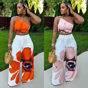 S10831 Latest Design Summer Outfits for Women Slim Single Shoulder Printed Top and Wide Leg Pants Two Piece Set for Women