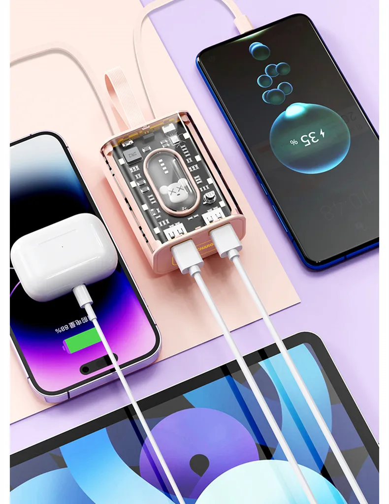 20000mAh Transparent Mini Power Bank Digital Display Fast Charging Power Supply with LED Night Lamp for Smartphone Charging