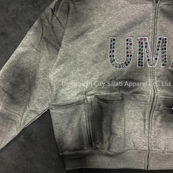 Salati Custom 2025 New Soft Zip Diamond Crystal Dirty Hoddies Faded Boxy Oversized Acid Wash Rhinestone Men's Hoodies Sweatshirt gallery 4