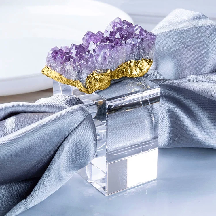 2021 Holiday Fancy Dinner New Cheap Rectangle Hand Made Gemstone Druzy Purple Amethyst Gold Plated Glass Napkin Ring for Wedding
