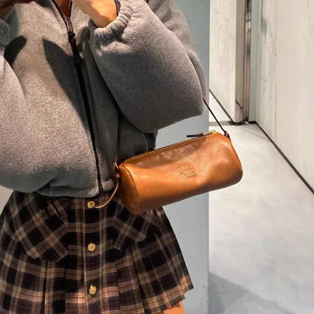 Influencer-style Versatile Mini Cylinder Shoulder Bag New Fall/Winter Women’s Handbag Genuine Leather Zipper Single