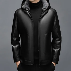 Breathable and Warm Winter Men's Leather Jacket, Windproof and Warm Hooded Leather Coat, Affordable and Casual Wear.