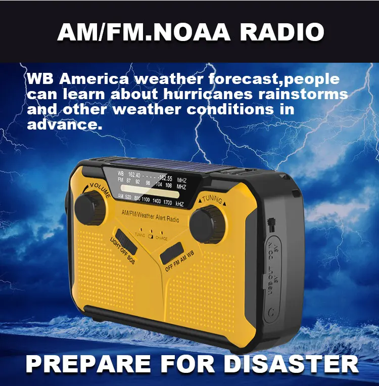 Weather Radio With AM.FM  SOS Flash Torch 3000mAh Power Bank Emergency Solar Hand Crank Radio