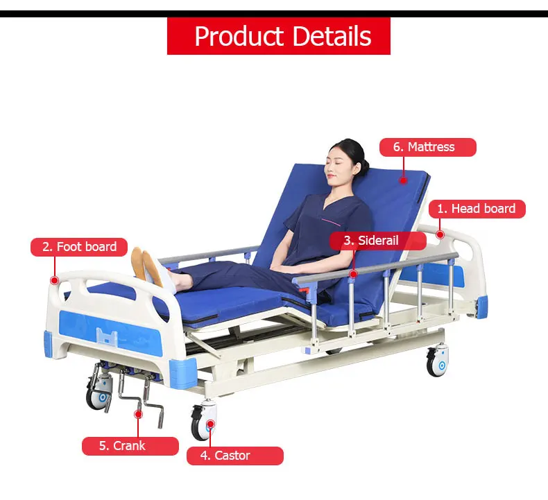 Adjustable Height 3 Crank Manual Medical Hospital Bed for Patients Factory Direct Price
