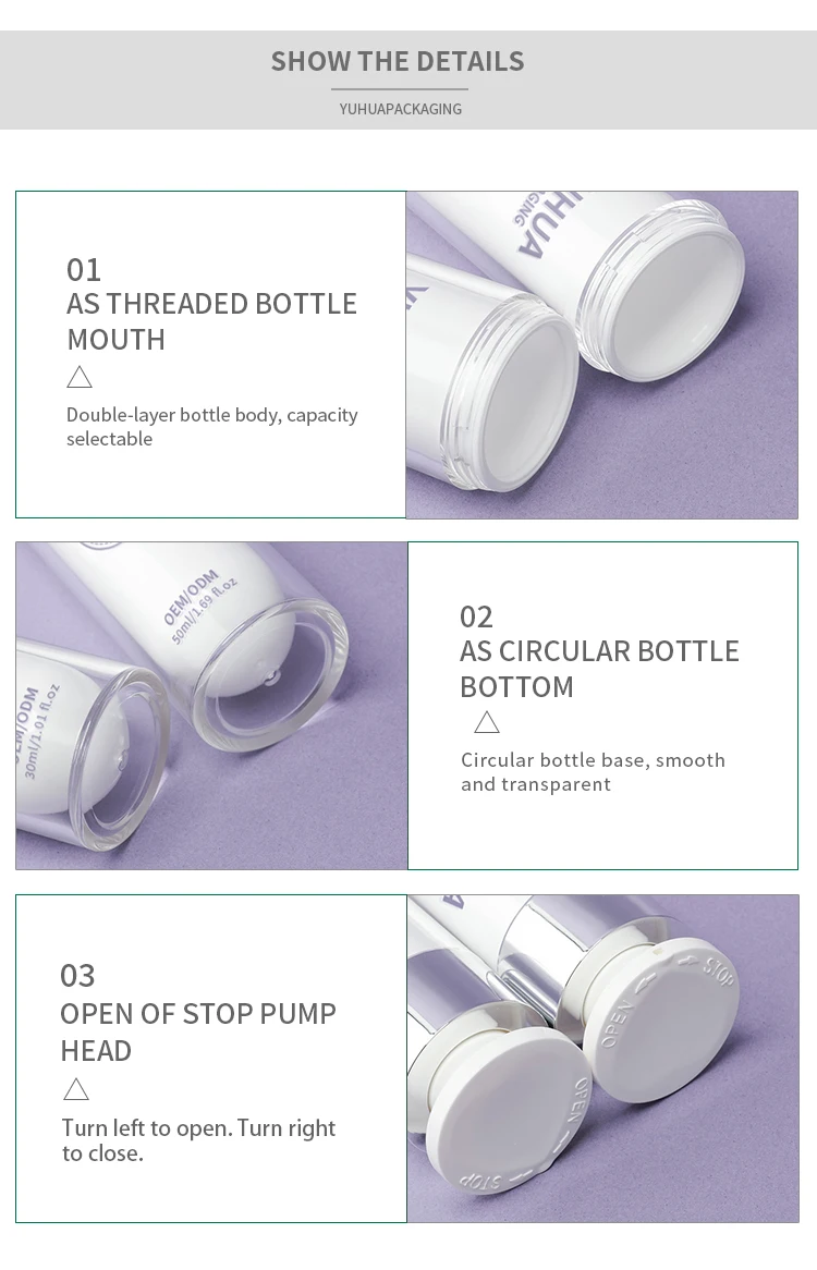 Custom 30ml 50ml PP Material Airless Pump Bottle for Face Cream and Serum Lotion Refillable Double Wall Design