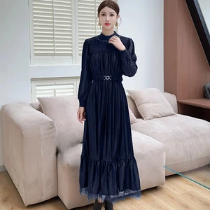 Women's Velvet Dress, Long-sleeved Embroidered Neckline Maxi Dress, with a Belt and Lace Skirt Hem.