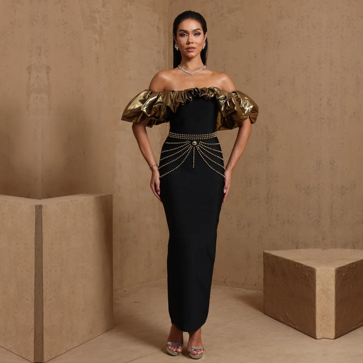 birthday bandage dress bandage dresses High End Bandage Dress Women Elegant Off Shoulder Ruffles Mesh Patchwork Bodycon Knee Length