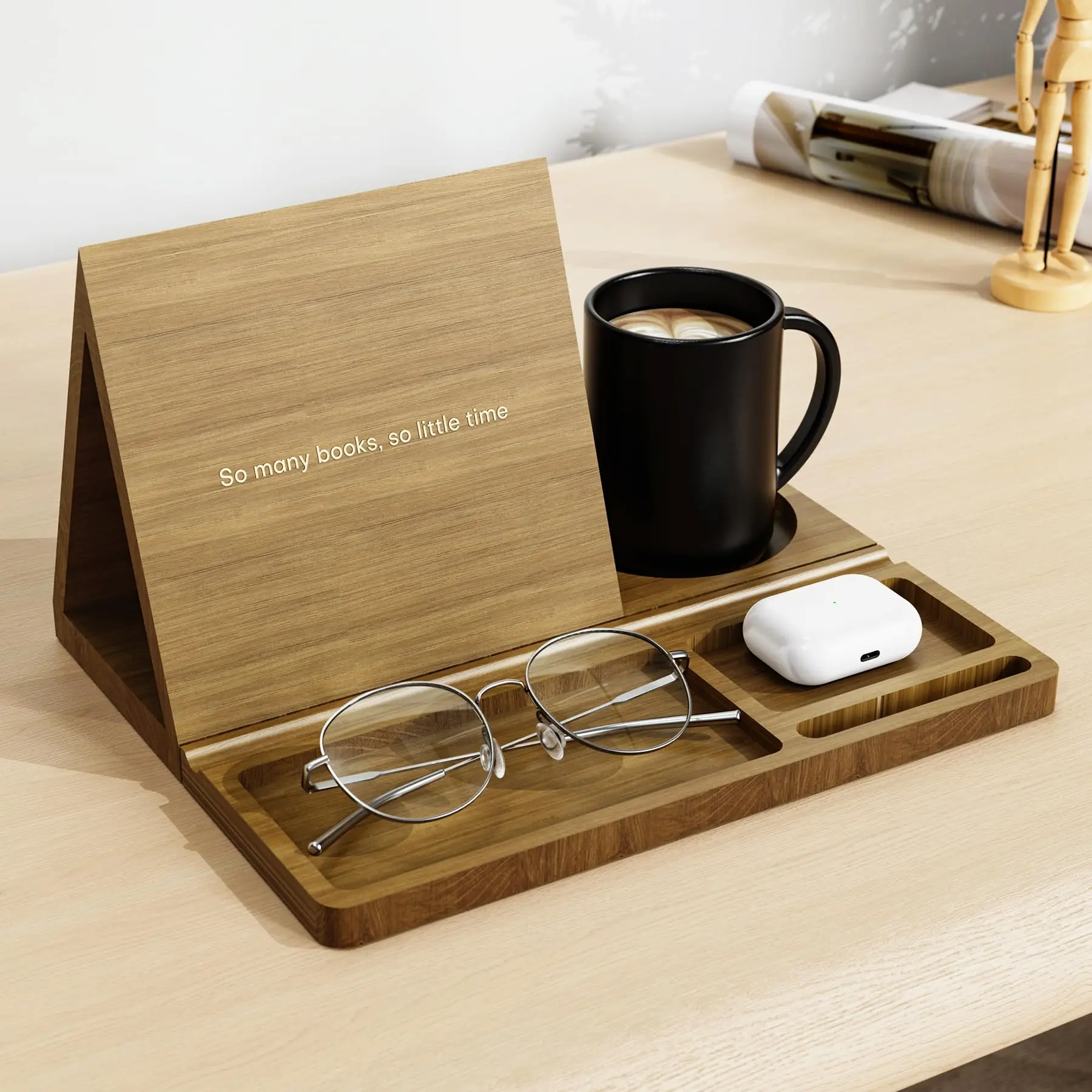 product book stand with cup holder storage slots desk organizer with detachable magnetic base book rest storage rack for home decor-8