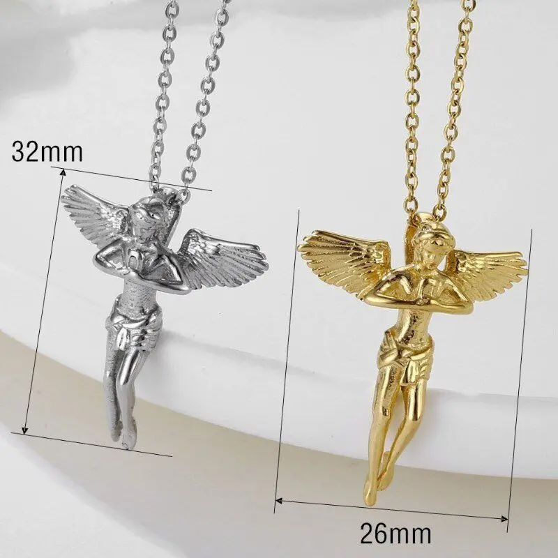 Hip Hops Angel Wing Necklace 32mm Stainless Steel Silver Gold Prayer Hand Cupid Charm Guardian Angel Pendant for Men