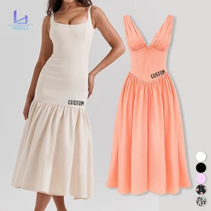 Huili Factory Designer Lace up Beach Dress Wholesale Cotton Linen Boho Custom Modest Long Dress Women