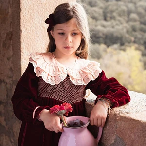 Summer Girls Red Long-Sleeved Lace Dress with Baby Collar for Children for Autumn and Winter