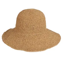 Wholesale Summer Handmade Wave Beach Foldable Plain Wide Brim Lady Sunshade Straw Bucket Hats For Women