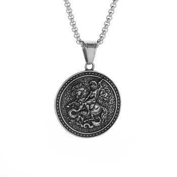 RFJEWEL Retro Punk Hip Hop Round Saint George Dragon Slayer Knight Stainless steel Silver Plated Pendant Necklace