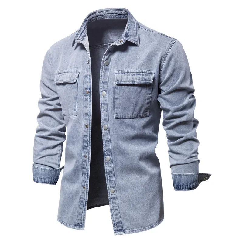 Autumn 100% Cotton Denim Shirts Men Casual Solid Color Long Sleeve Shirt for Men Spring High Quality Jeans Male Shirt