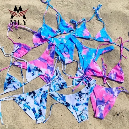 European and American Large Size Printed Swimsuit Women High Waist Triangle  Bikini Swimwear