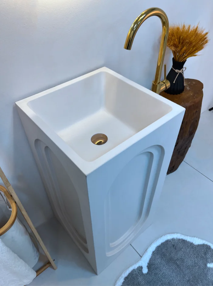 French creative art basin hotel light luxury rectangle one piece floor mounted wash basin balcony outdoor pedestal sink supplier