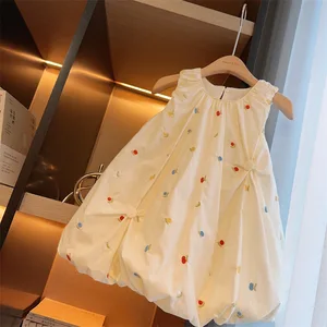 Summer Floral Dress for Little Girls Casual O-Neck Sleeveless with Ruffles and Buttons Wholesale Cotton Spring Dress