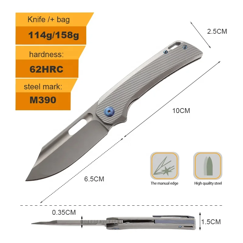 High End Custom Titanium Alloy Handle Folding Knife with M390 Steel Blade OEM Supported for Outdoor Camping Tactical Survival