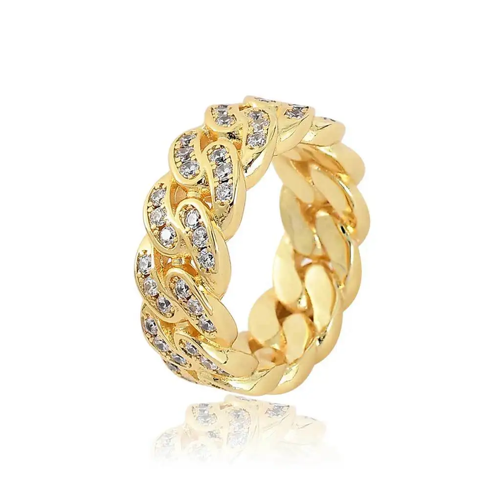 Cross-border Europe United States Explosions 8mm Single Row Zircon Cuba Ring Popular Hip-hop 18K Gold Unisex Copper Ring tide