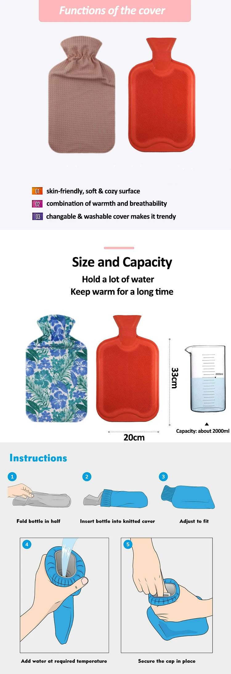 2000ml hot water bottle with fleece cover winter british standard rubber hot water bag hand warmer for pain relief