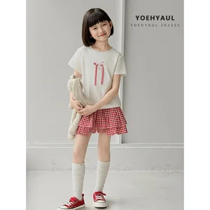 YOEHYAUL CD1655 Beige Big Girls Toddler Cotton T-shirt t Shirt for Kids Casual Soft Teenager Teens t Shirts with Bow