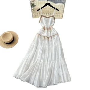 Women's Vintage Summer Beach Dress Casual Midi-Length Sleeveless Cake Dress Button Backless Multi-Ruffles Patchwork Tassel