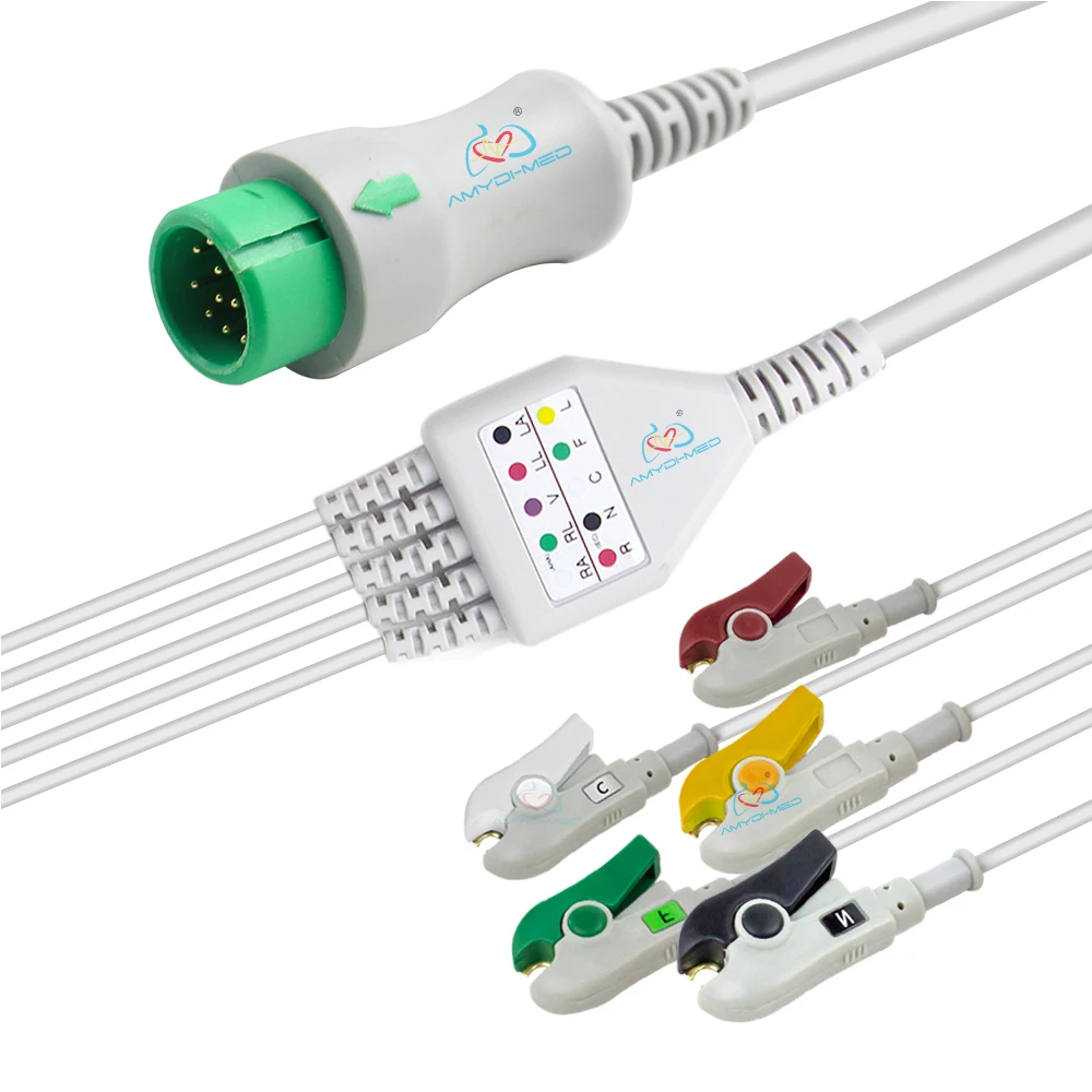 Compatible Ecg Medical Suppliers Cables Ekg Compatible With Mindray One-Piece 5-lead Clip Lead Wire 12 Pin Ecg Cable