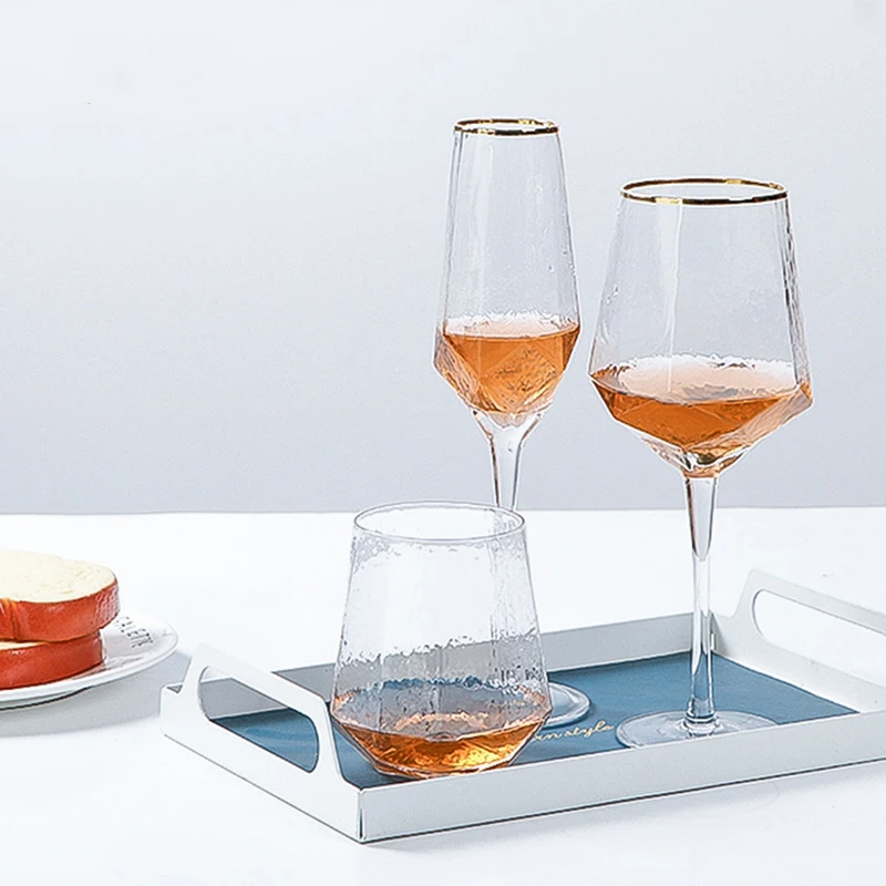 Modern High Quality Diamond Shape Glass Goblet and Cup with Gold Rim for Wine and Drinkware Champagne