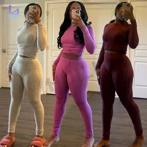 Huilil Custom High Quality Stretch Long Sleeve Skinny Tracksuits Two Piece Fitness Leggings Loungewear 2 Sets Outfits for Short