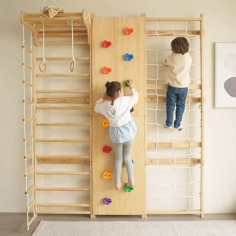 Swedish Design Wooden Wall Climbing Ramp Swing & Rope Ladder for Home ...