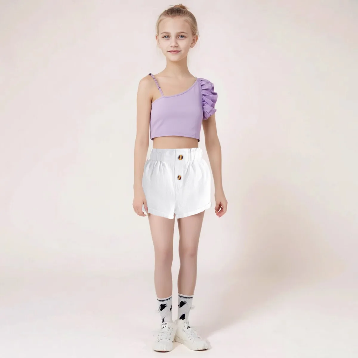 2024 Summer Fashion Baby Girls Clothing Sets Solid Color One Shoulder Vest  Tops Shorts 2PCS Little Girl Clothes