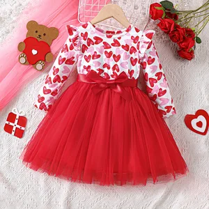2026 Spring Autumn Girl Party Birthday Long Sleeve Hearts Prints Valentine'S Day Tulle Princess Dresses Kids Dress